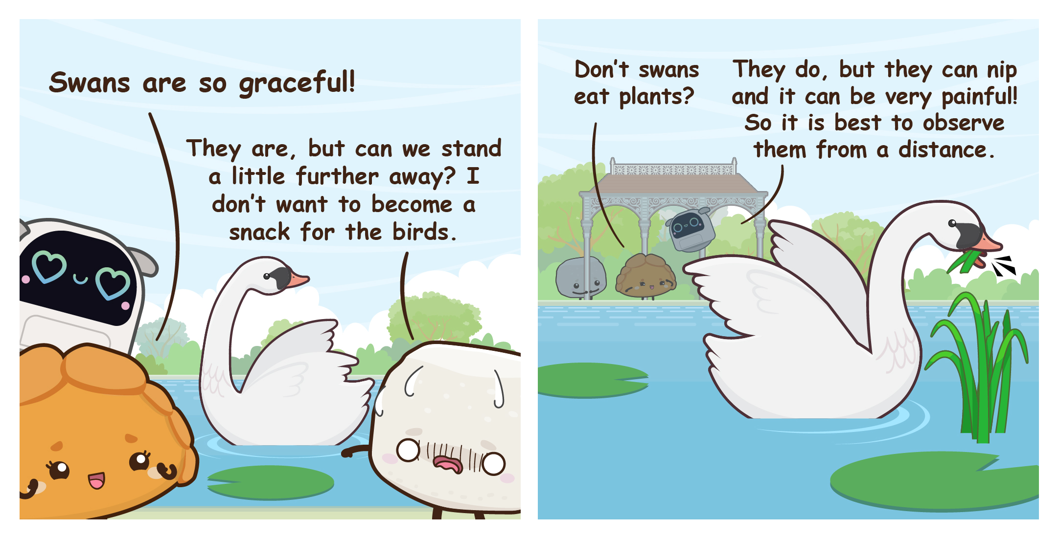 Two-panel comic about wildlife safety where Poodle and the Yummy Buddies admire a swan at the lake while learning why it is important to observe swans from a safe distance.